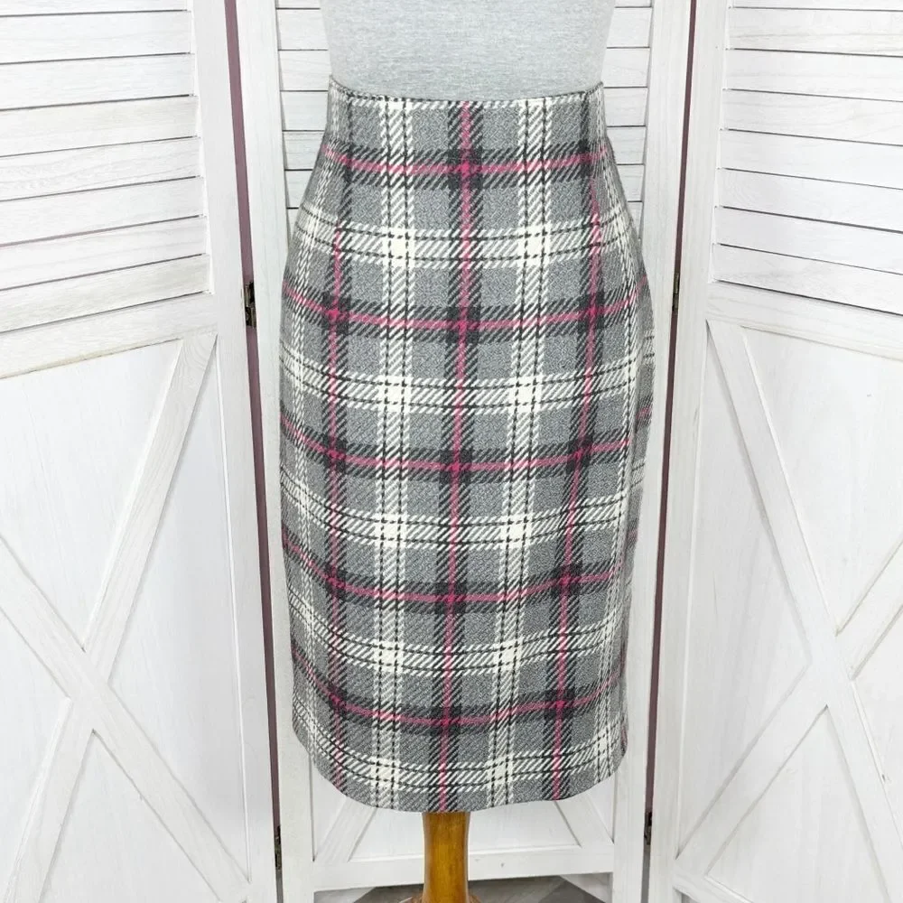 Gianni Sport‎ Vintage Tartan Plaid Wool Pencil Skirt Grey Pink 12